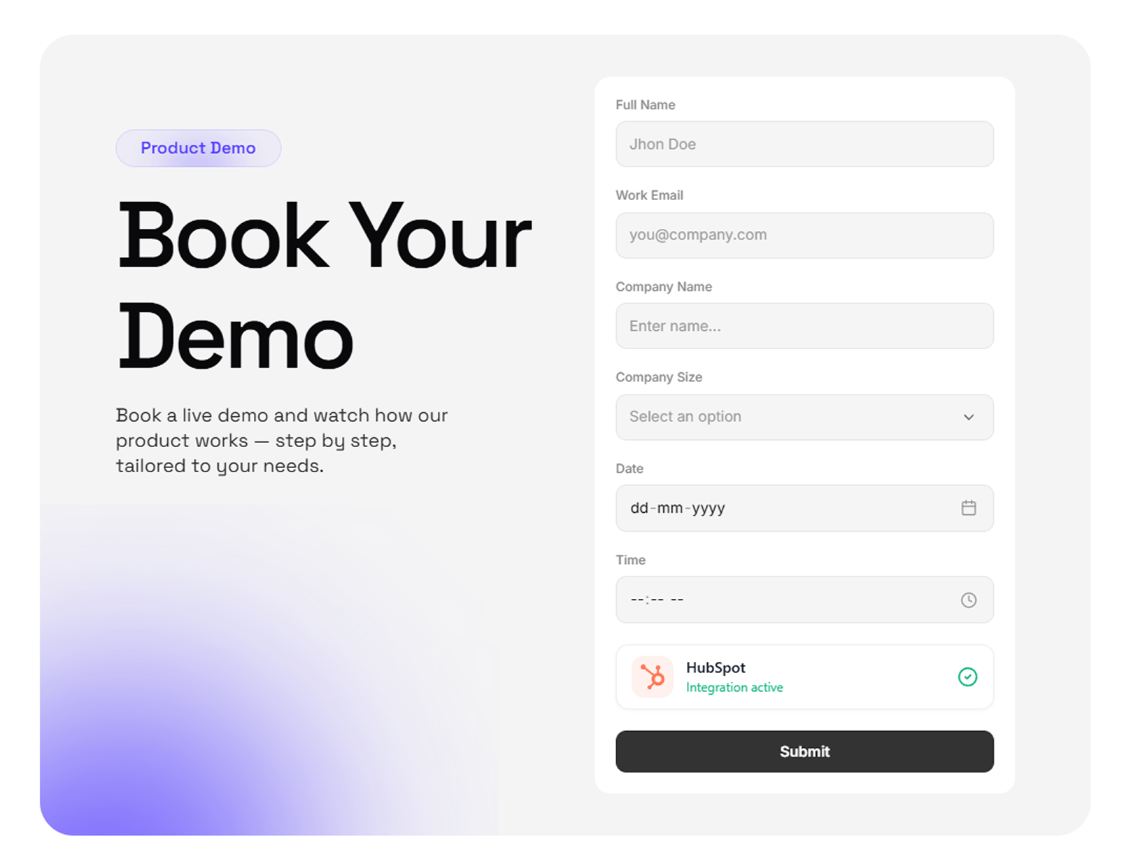 Completed HubSpot integration on a form with Integration active status