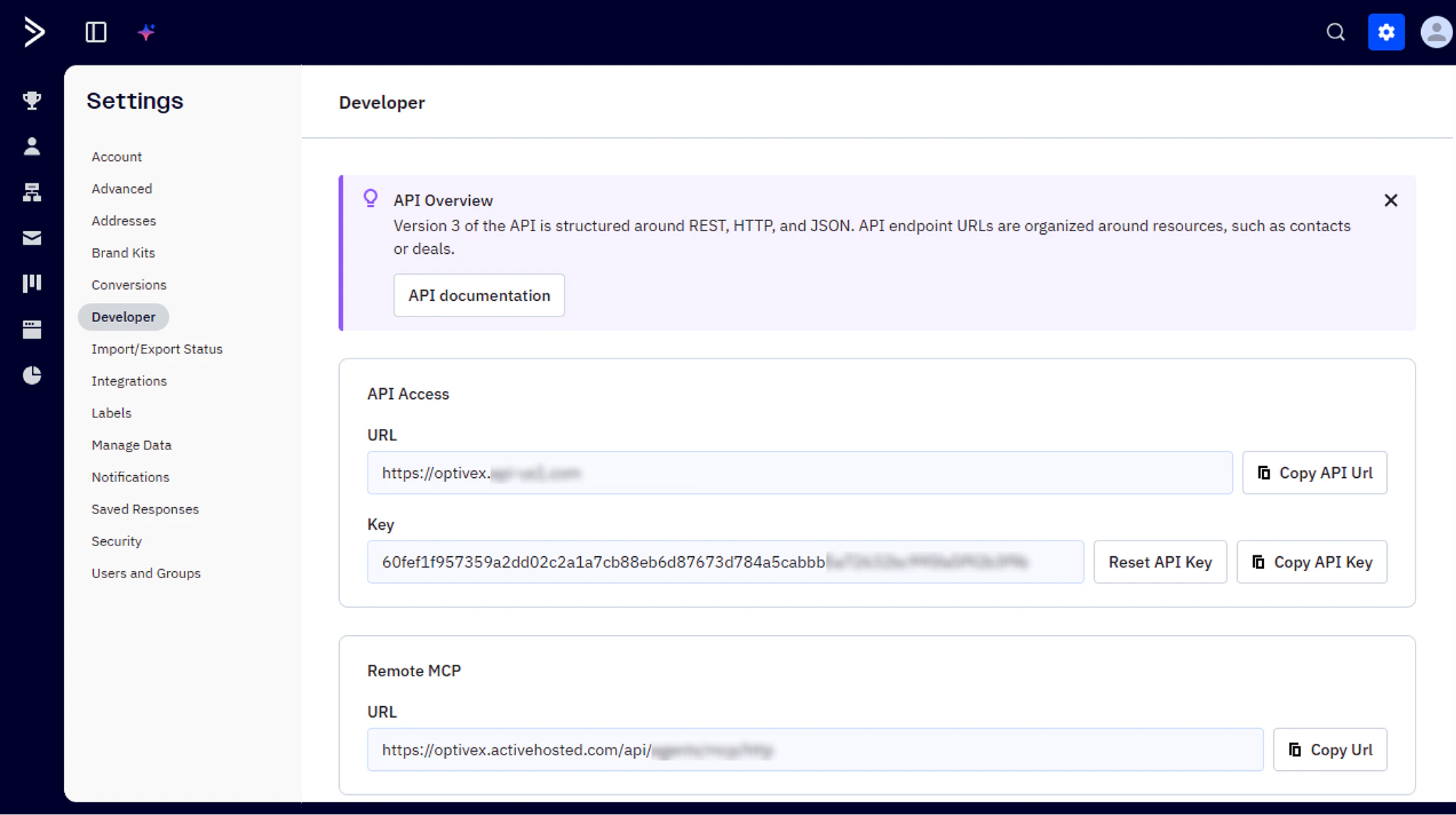 ActiveCampaign account showing the Developer settings page