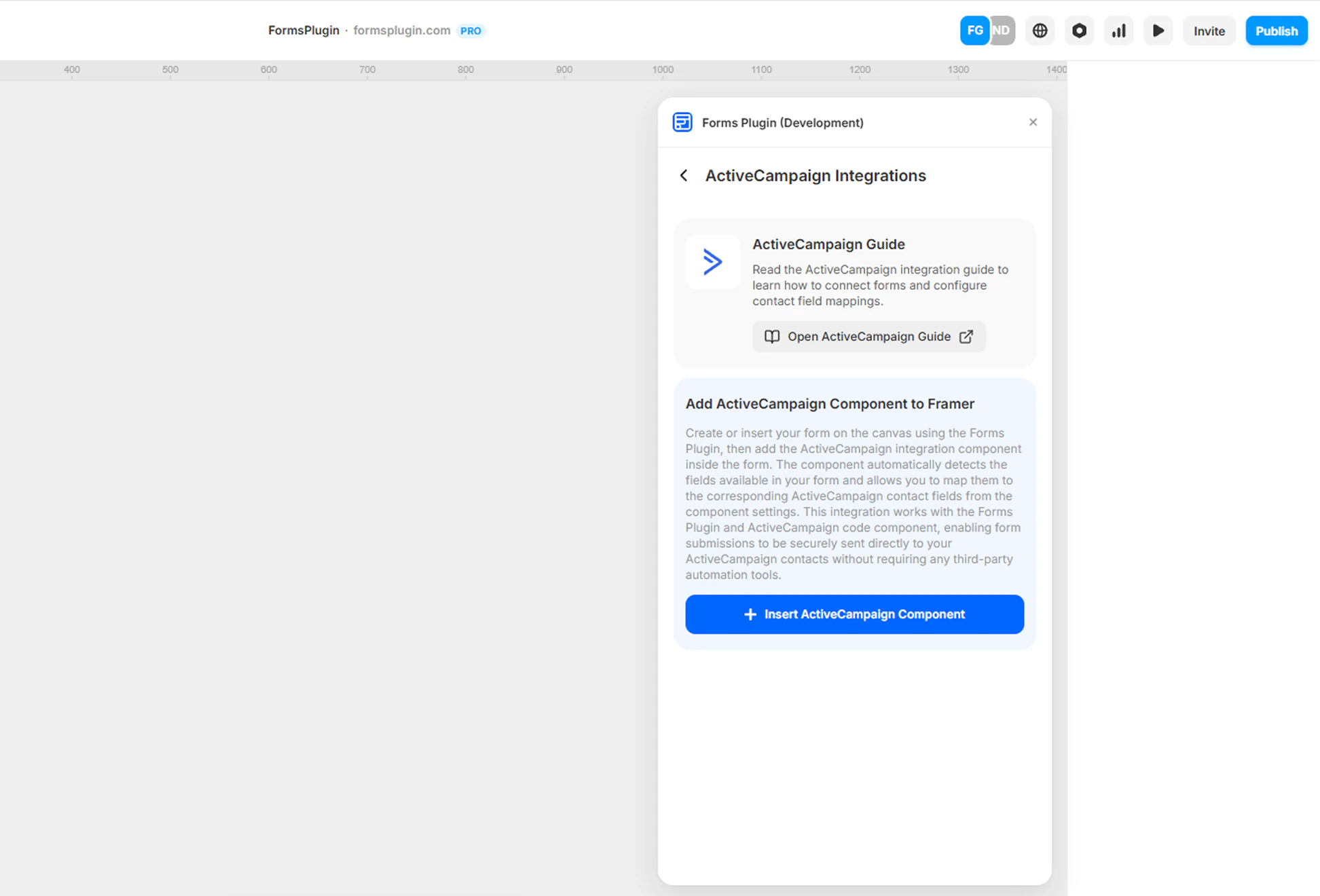 Forms Plugin panel in Framer showing the ActiveCampaign Integrations screen with the Insert ActiveCampaign Component button