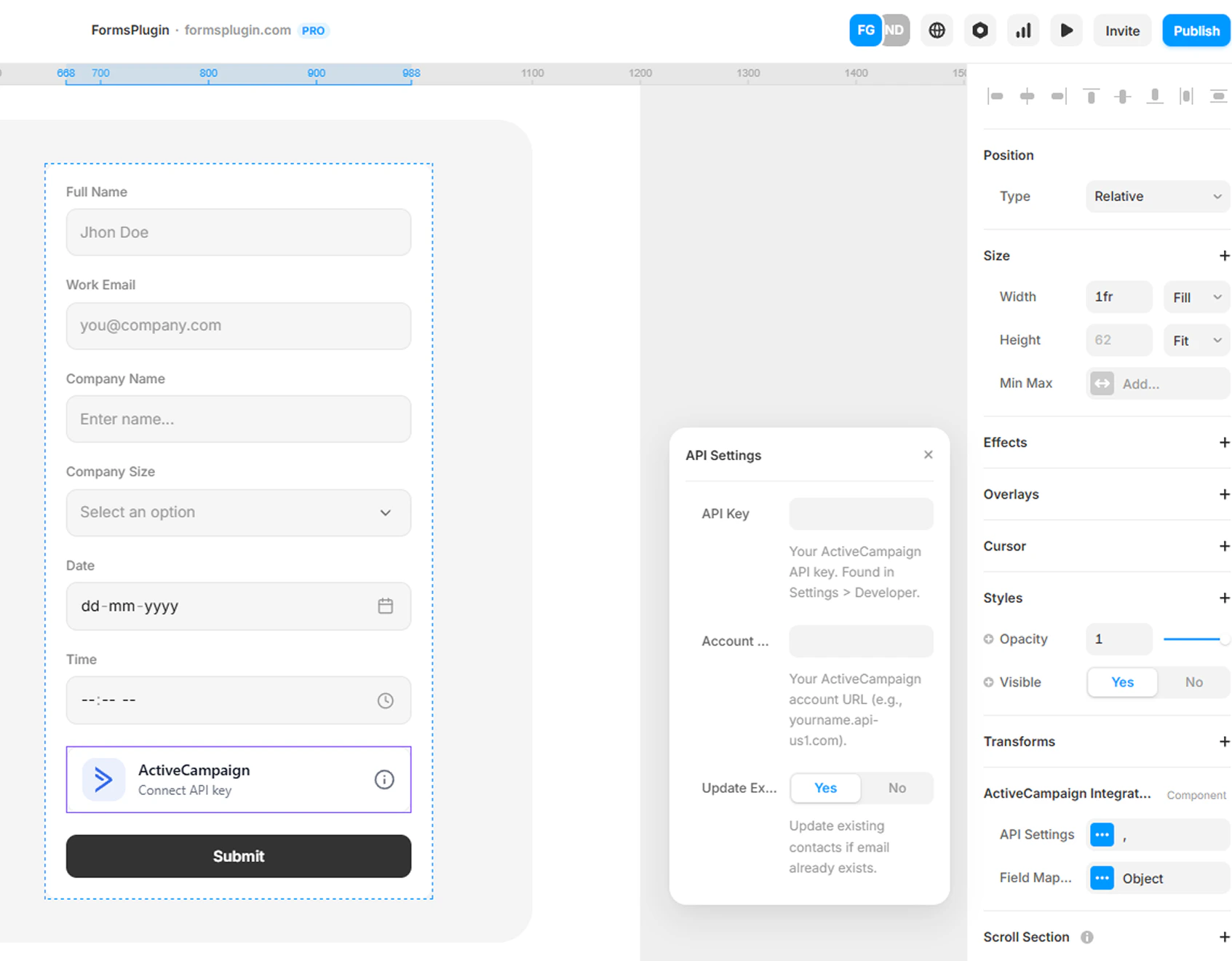 Framer canvas with ActiveCampaign component selected showing the API Settings modal