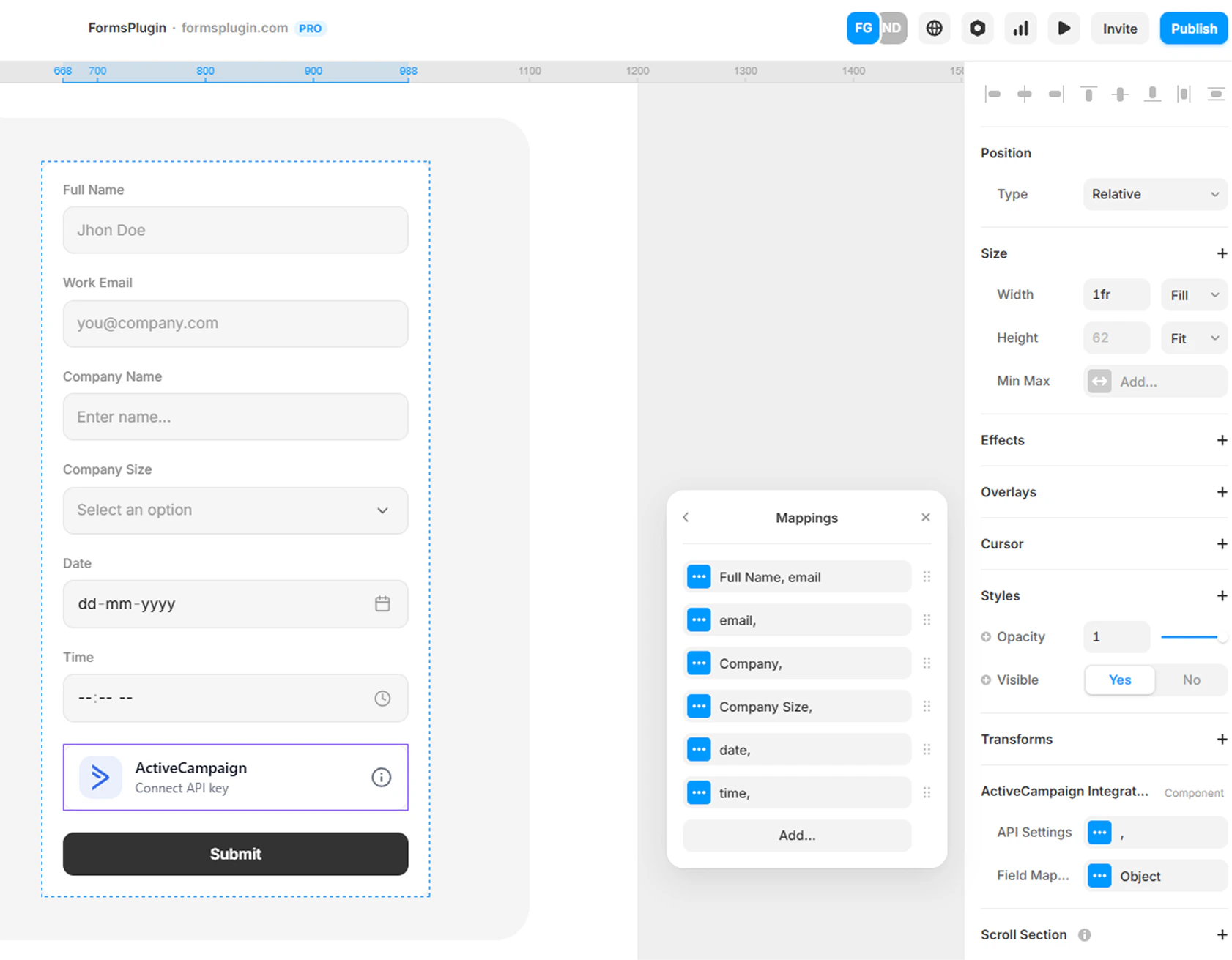 Framer canvas showing the Mappings modal with form fields mapped to ActiveCampaign properties