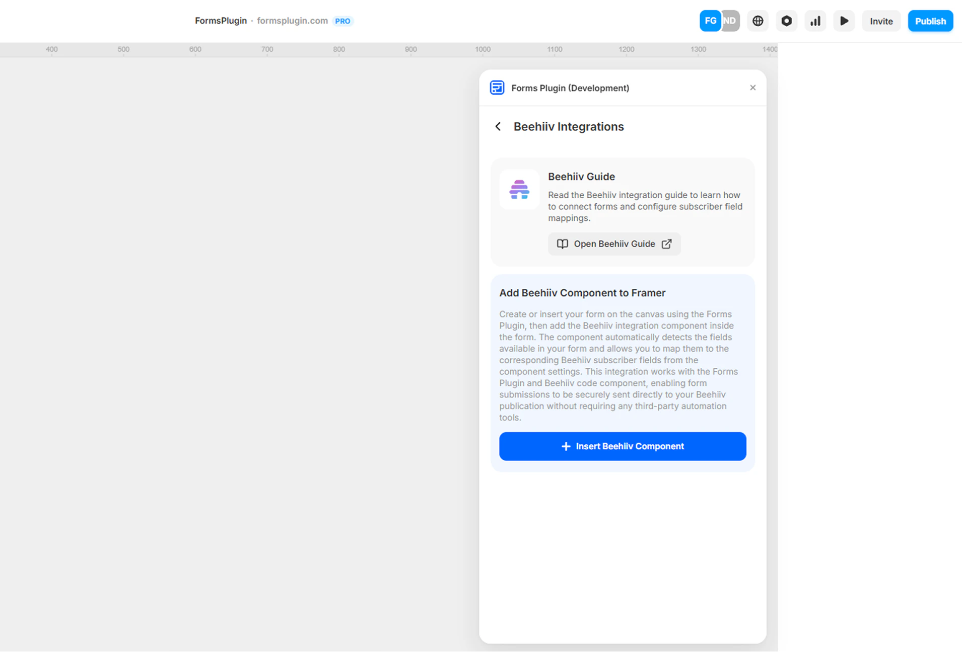 Forms Plugin panel in Framer showing the Beehiiv Integrations screen with the Insert Beehiiv Component button