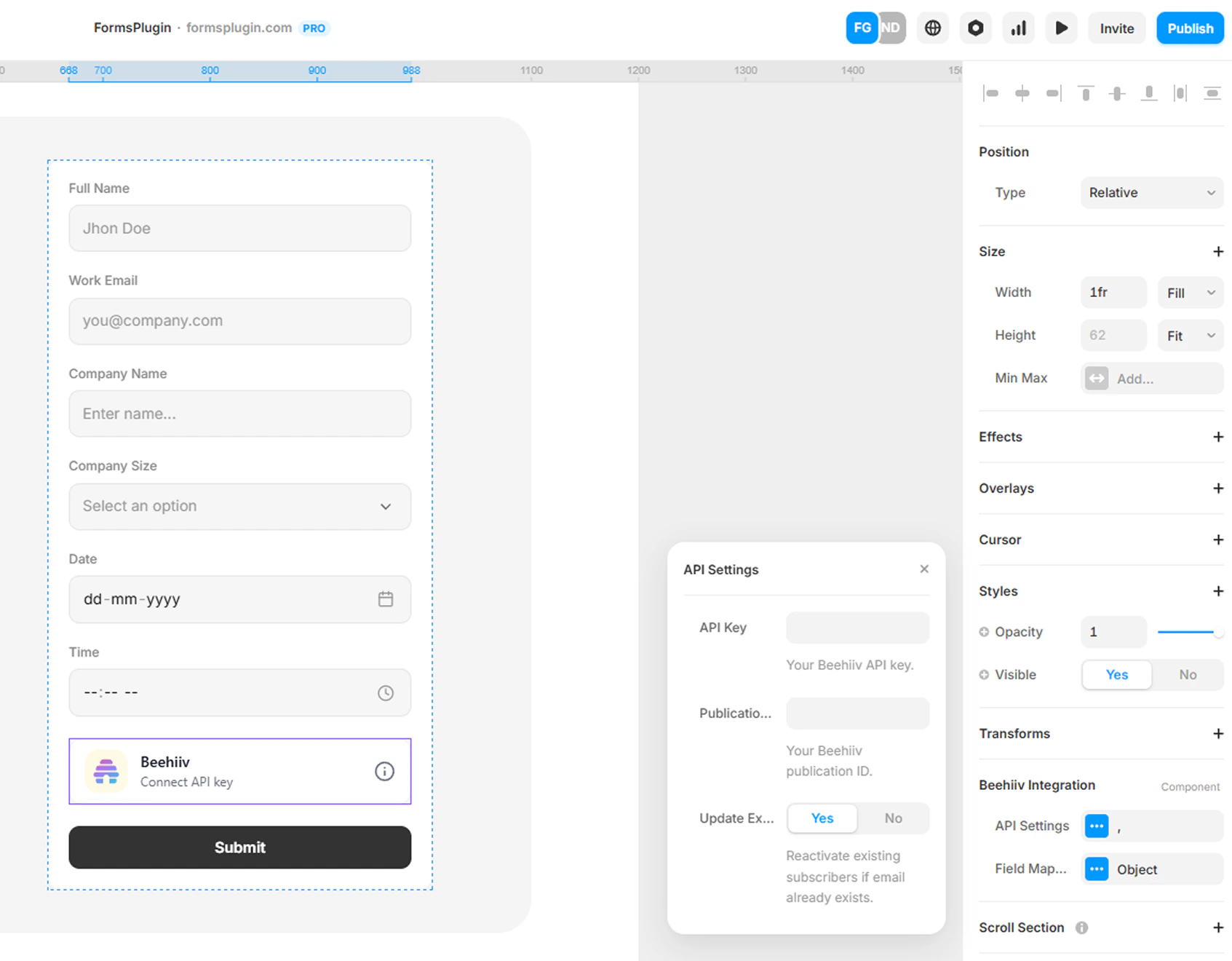 Framer canvas with Beehiiv component selected showing the API Settings modal