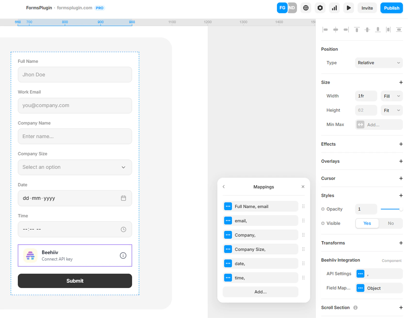 Framer canvas showing the Mappings modal with form fields mapped to Beehiiv attributes