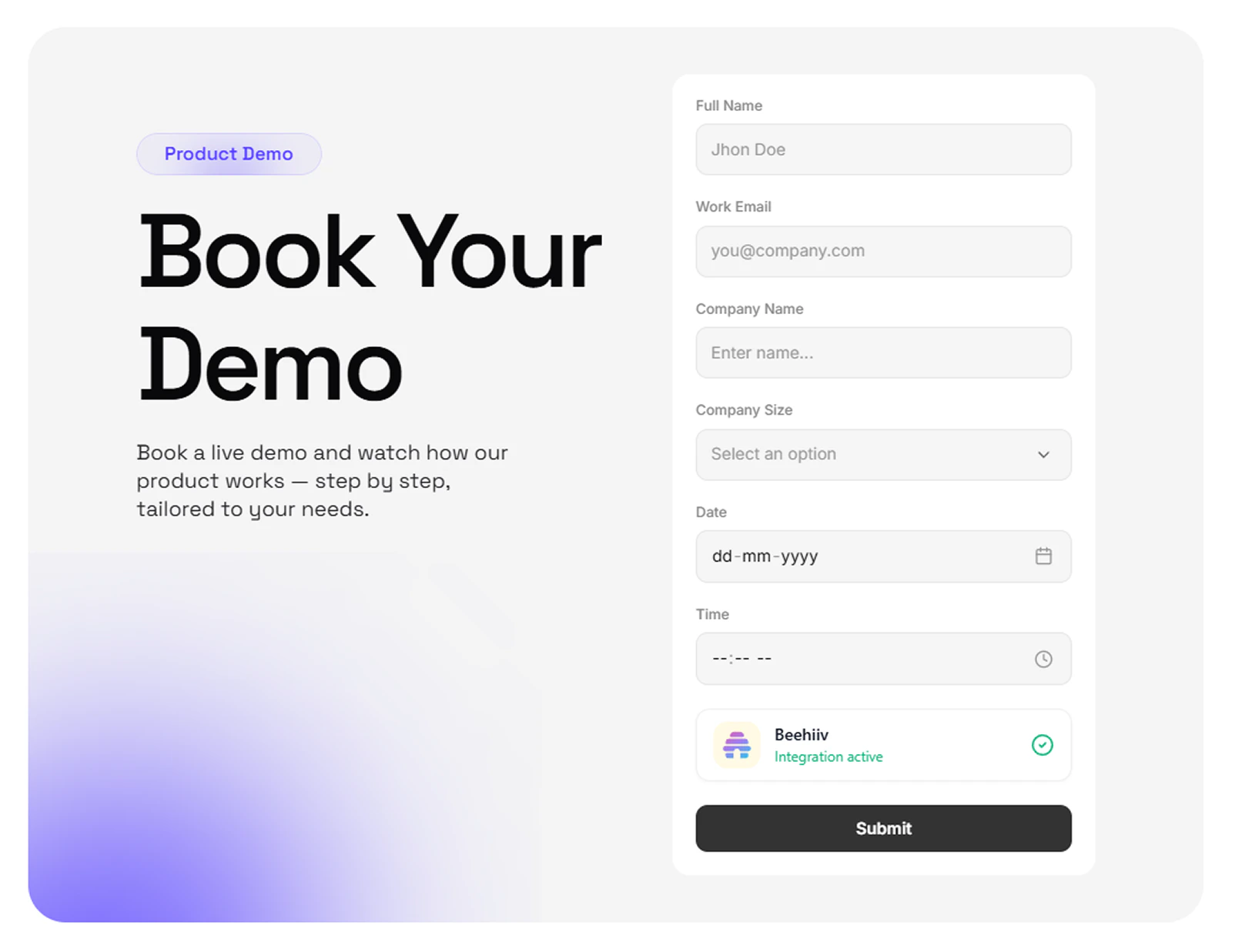 Completed Beehiiv integration on a form with Integration active status