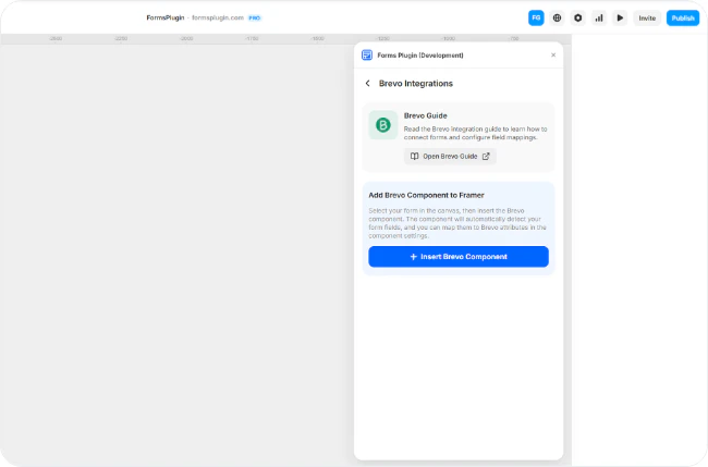 Forms Plugin panel in Framer showing the Brevo Integrations screen with the Insert Brevo Component button