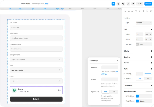 Framer canvas with Brevo component selected showing the API Settings modal