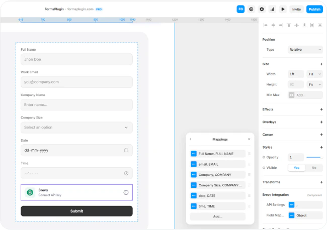 Framer canvas showing the Mappings modal with form fields mapped to Brevo attributes