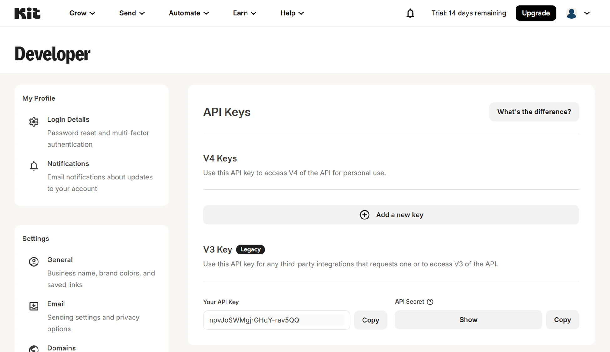 Kit account showing the Developer settings page