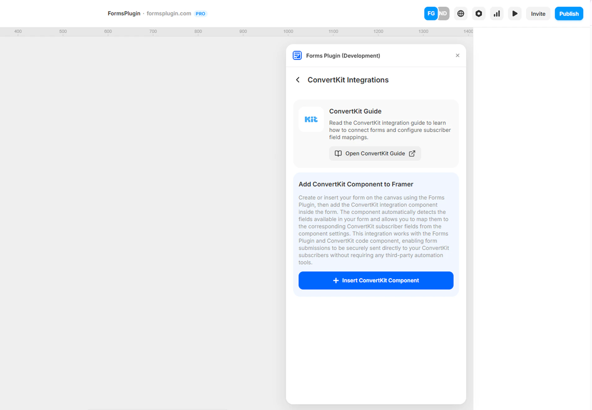 Forms Plugin panel in Framer showing the Kit Integrations screen with the Insert Kit Component button