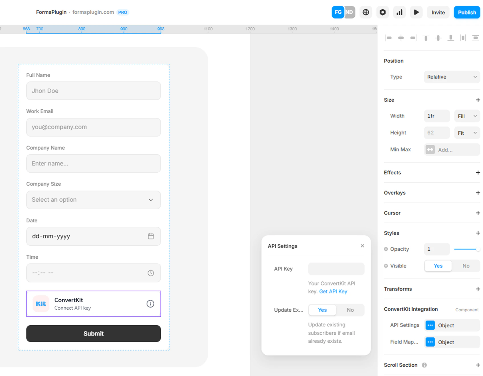 Framer canvas with Kit component selected showing the API Settings modal