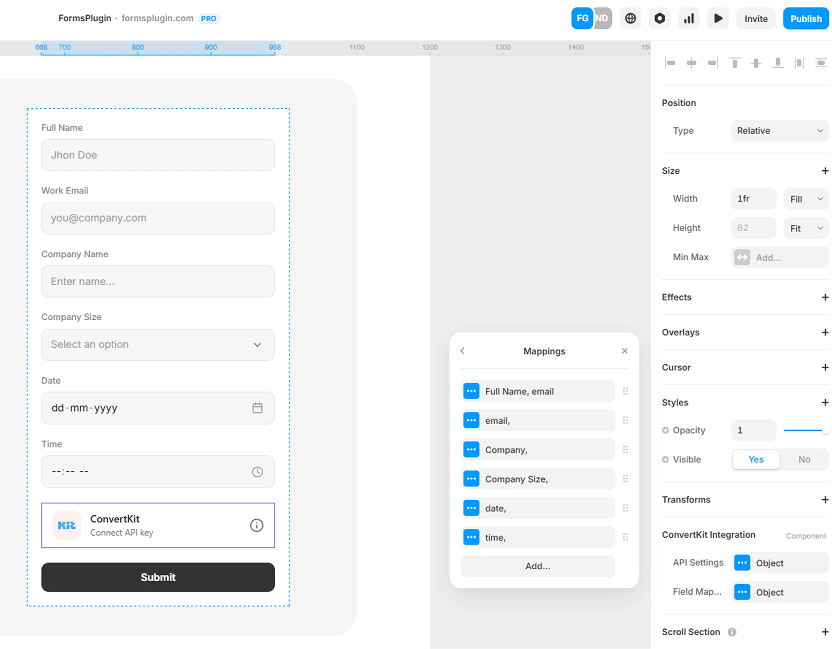 Framer canvas showing the Mappings modal with form fields mapped to Kit attributes