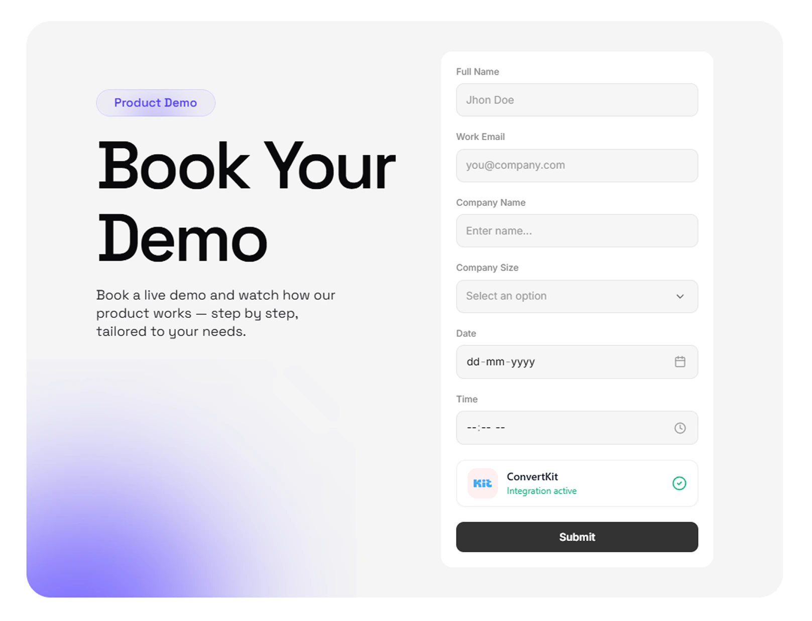 Completed Kit integration on a form with Integration active status