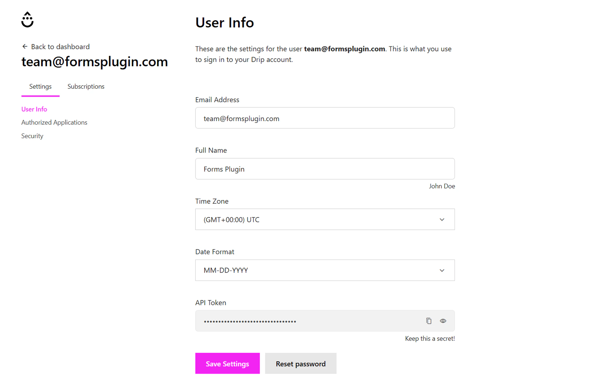 Drip account showing the API Token settings page