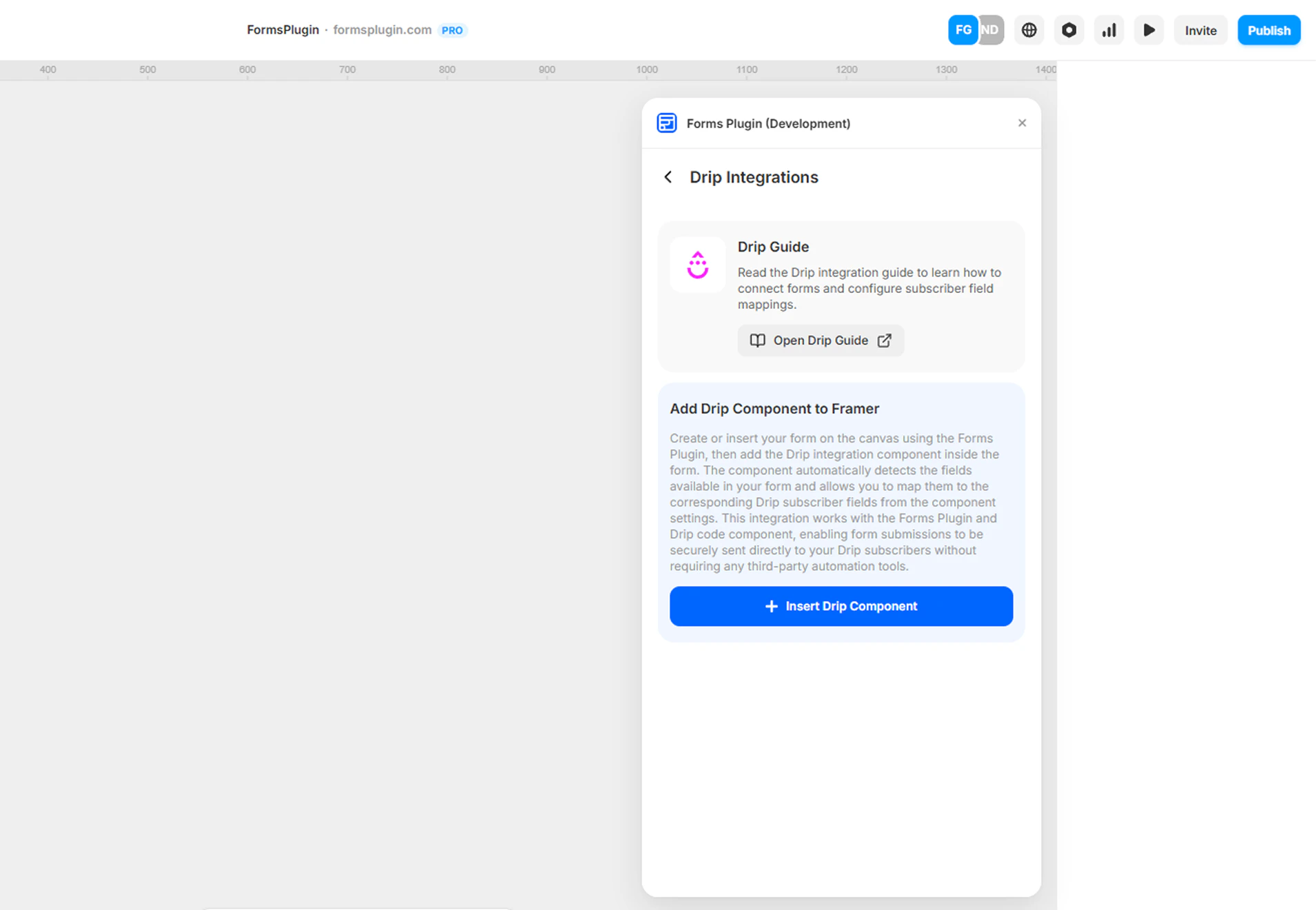 Forms Plugin panel in Framer showing the Drip Integrations screen with the Insert Drip Component button