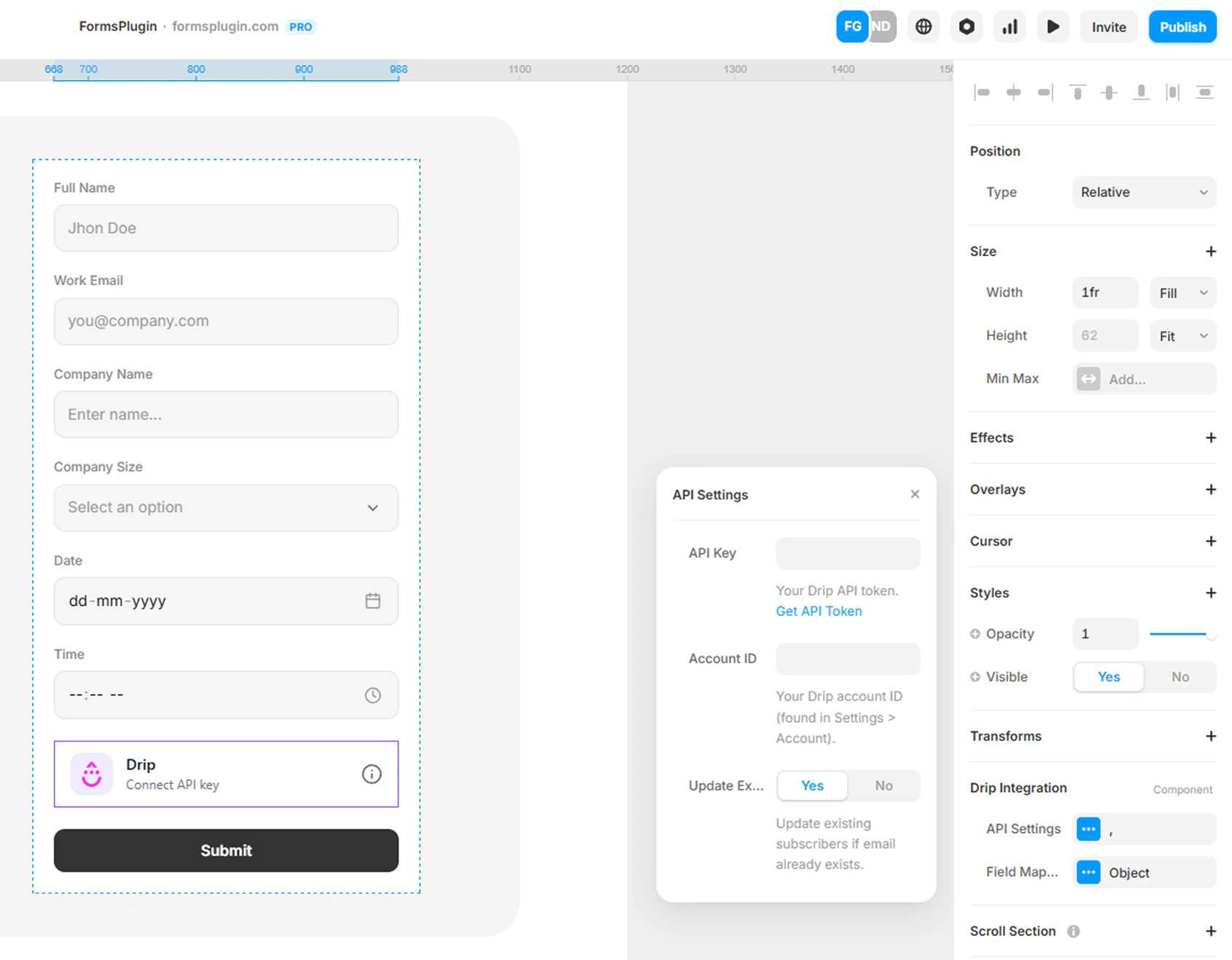 Framer canvas with Drip component selected showing the API Settings modal