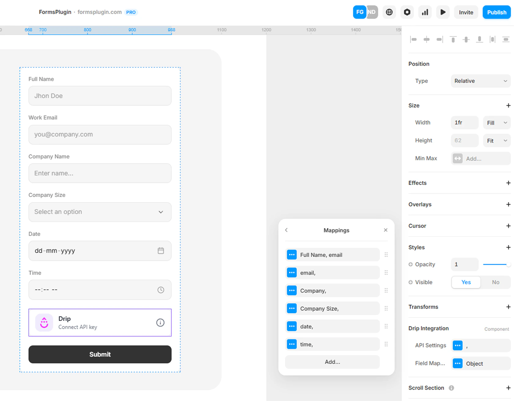 Framer canvas showing the Mappings modal with form fields mapped to Drip attributes