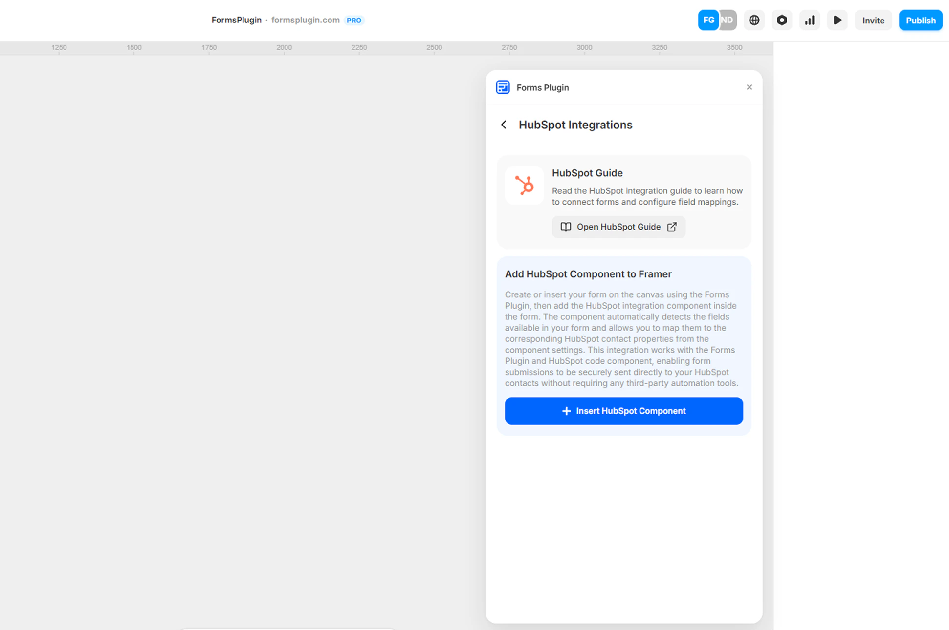 Forms Plugin panel in Framer showing the HubSpot Integrations screen with the Insert HubSpot Component button