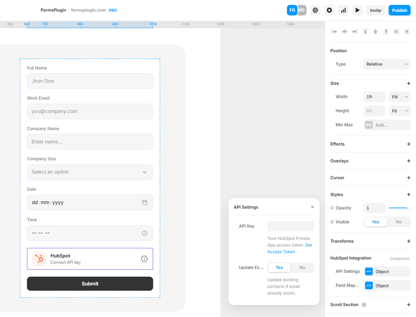 Framer canvas with HubSpot component selected showing the Access Token Settings modal