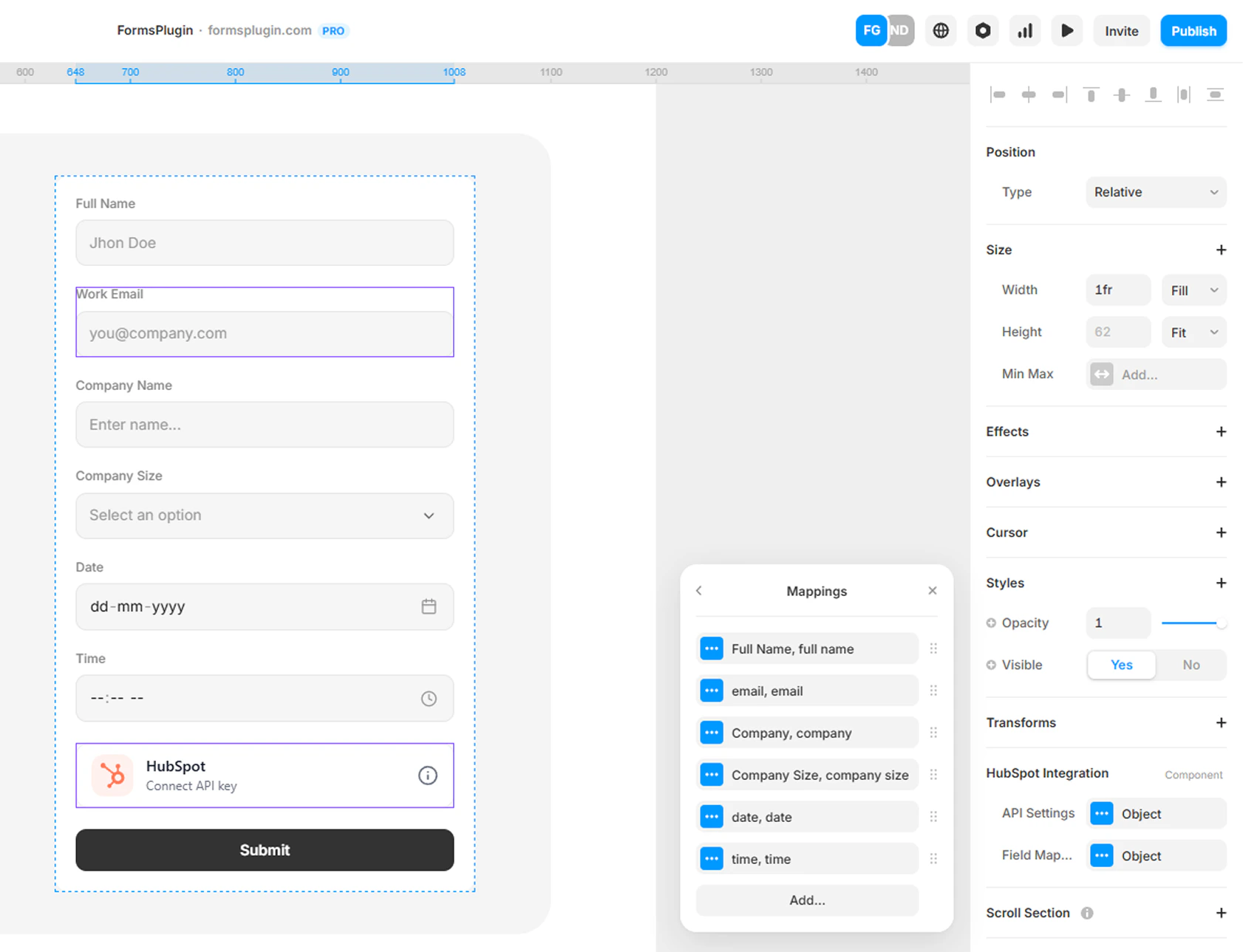 Framer canvas showing the Mappings modal with form fields mapped to HubSpot contact properties
