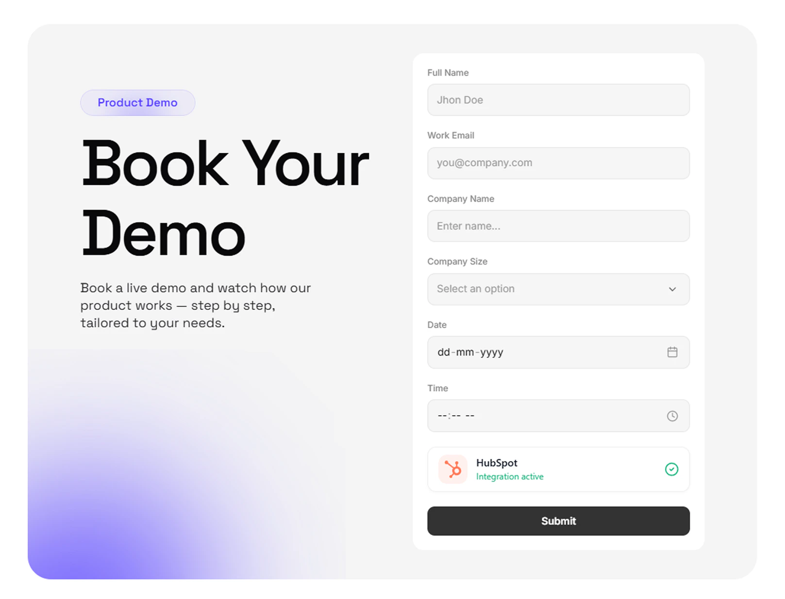 Completed HubSpot integration on a form with Integration active status