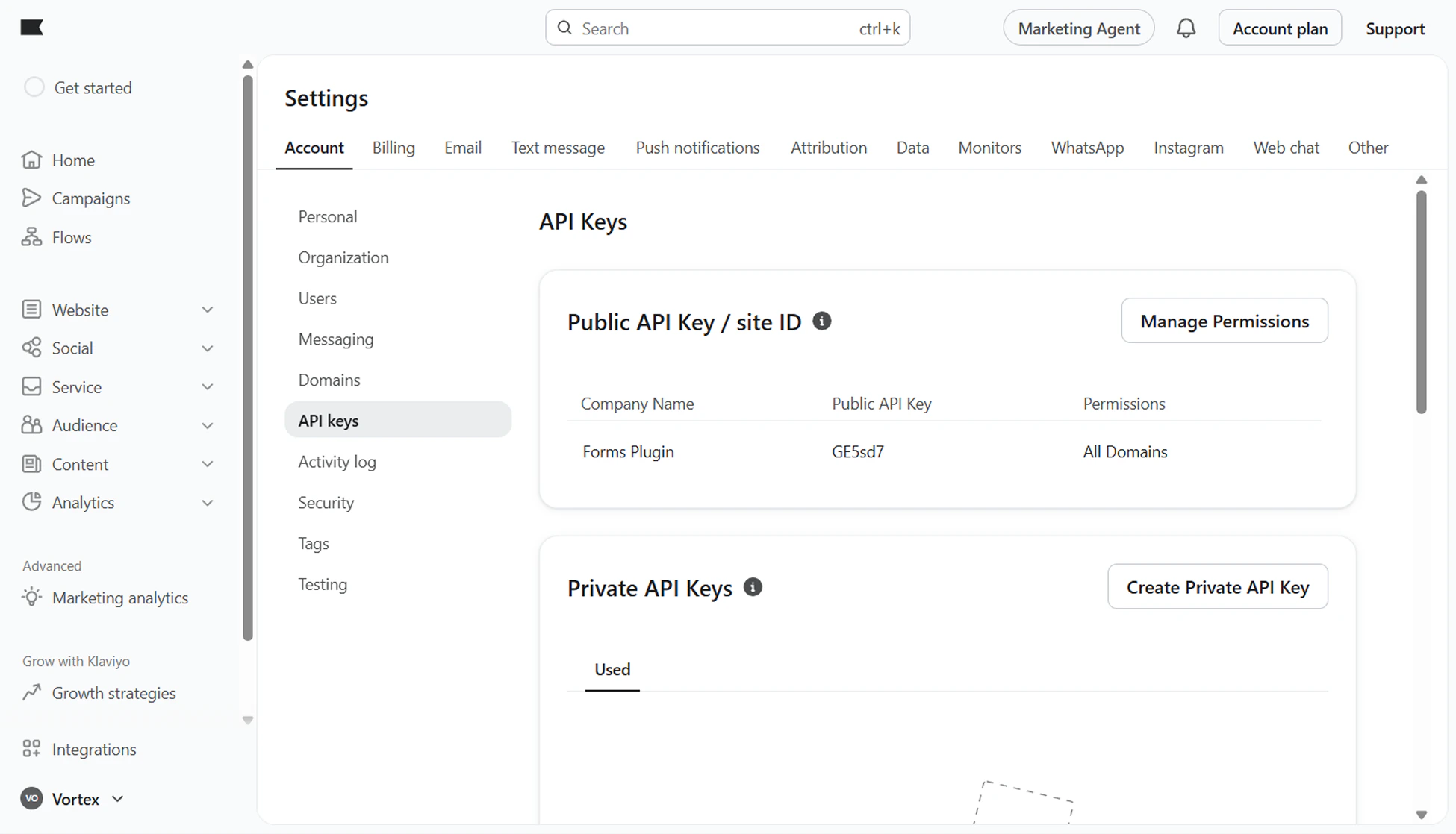 Klaviyo account showing the API Keys settings page