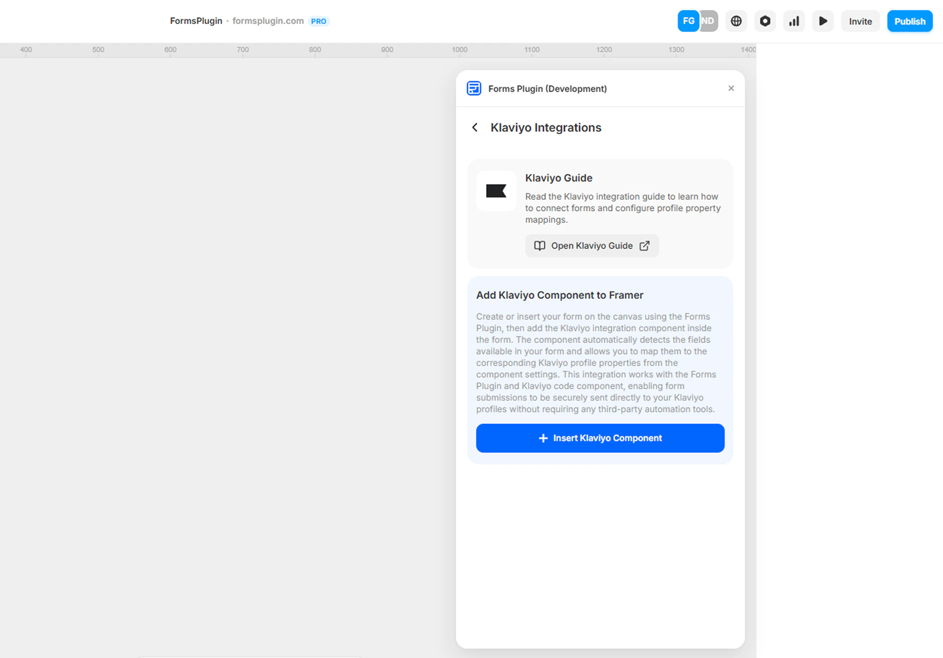 Forms Plugin panel in Framer showing the Klaviyo Integrations screen with the Insert Klaviyo Component button