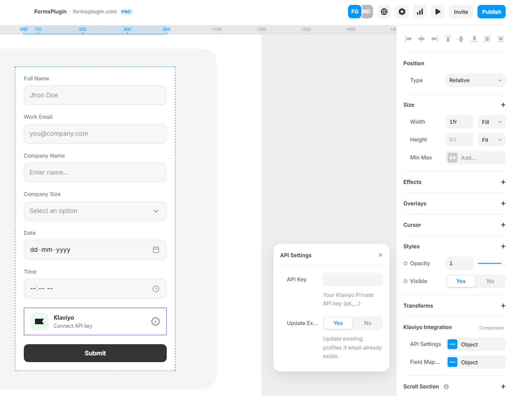Framer canvas with Klaviyo component selected showing the API Settings modal