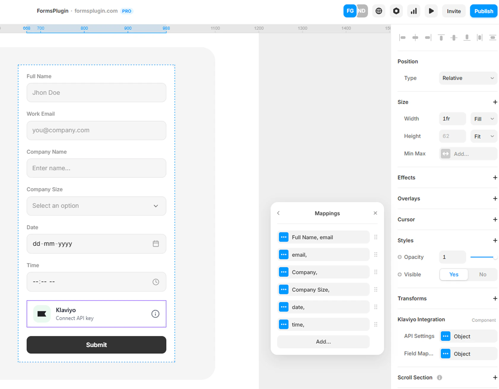 Framer canvas showing the Mappings modal with form fields mapped to Klaviyo properties