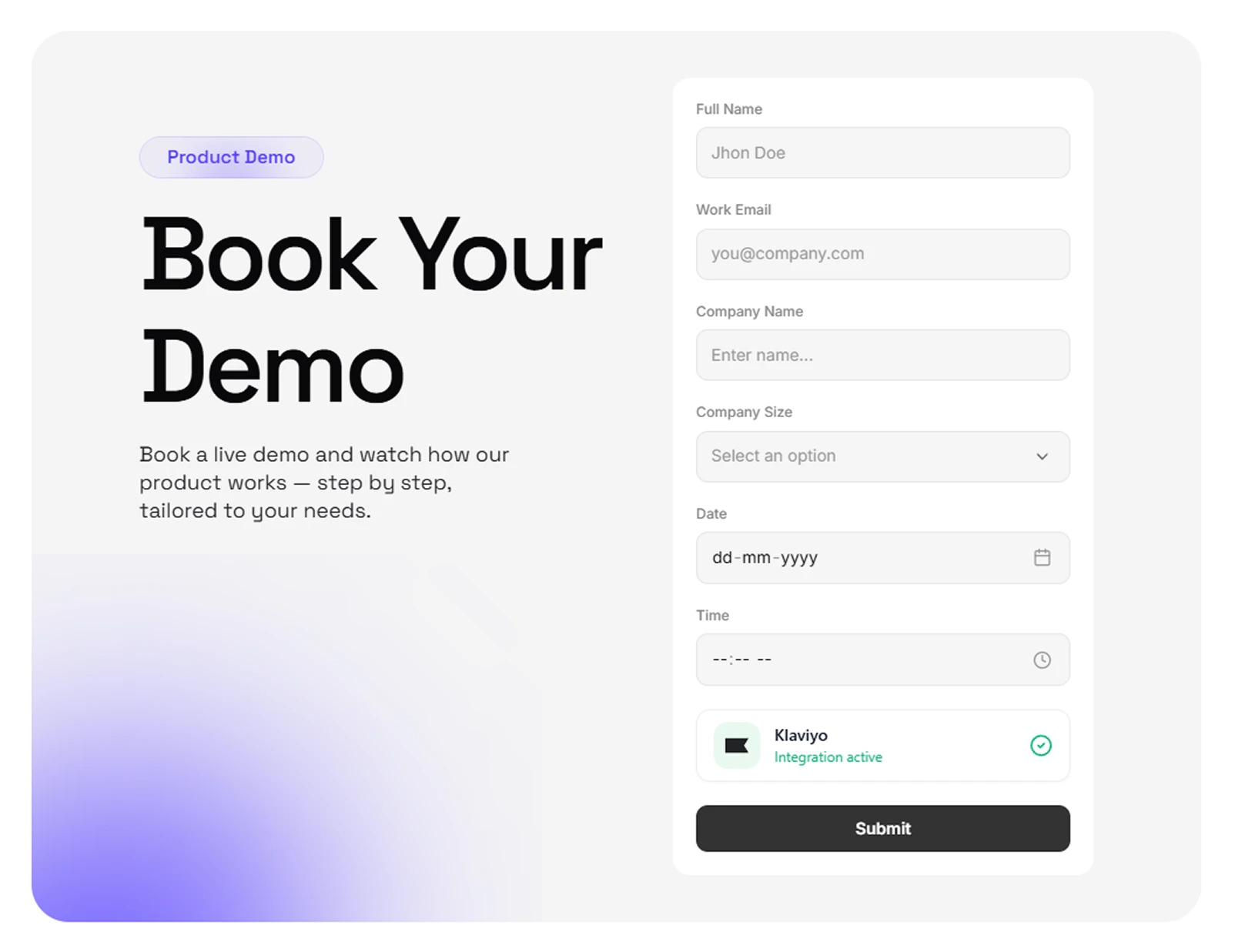 Completed Klaviyo integration on a form with Integration active status