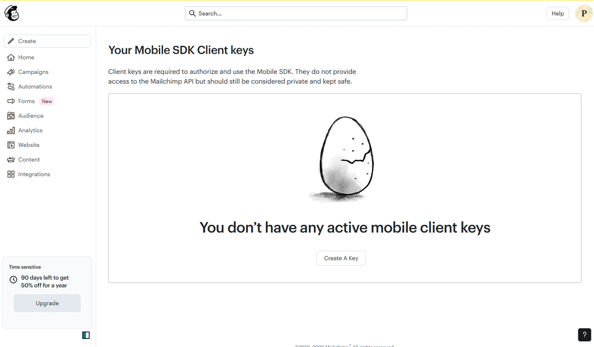 Mailchimp account showing the API Keys settings page