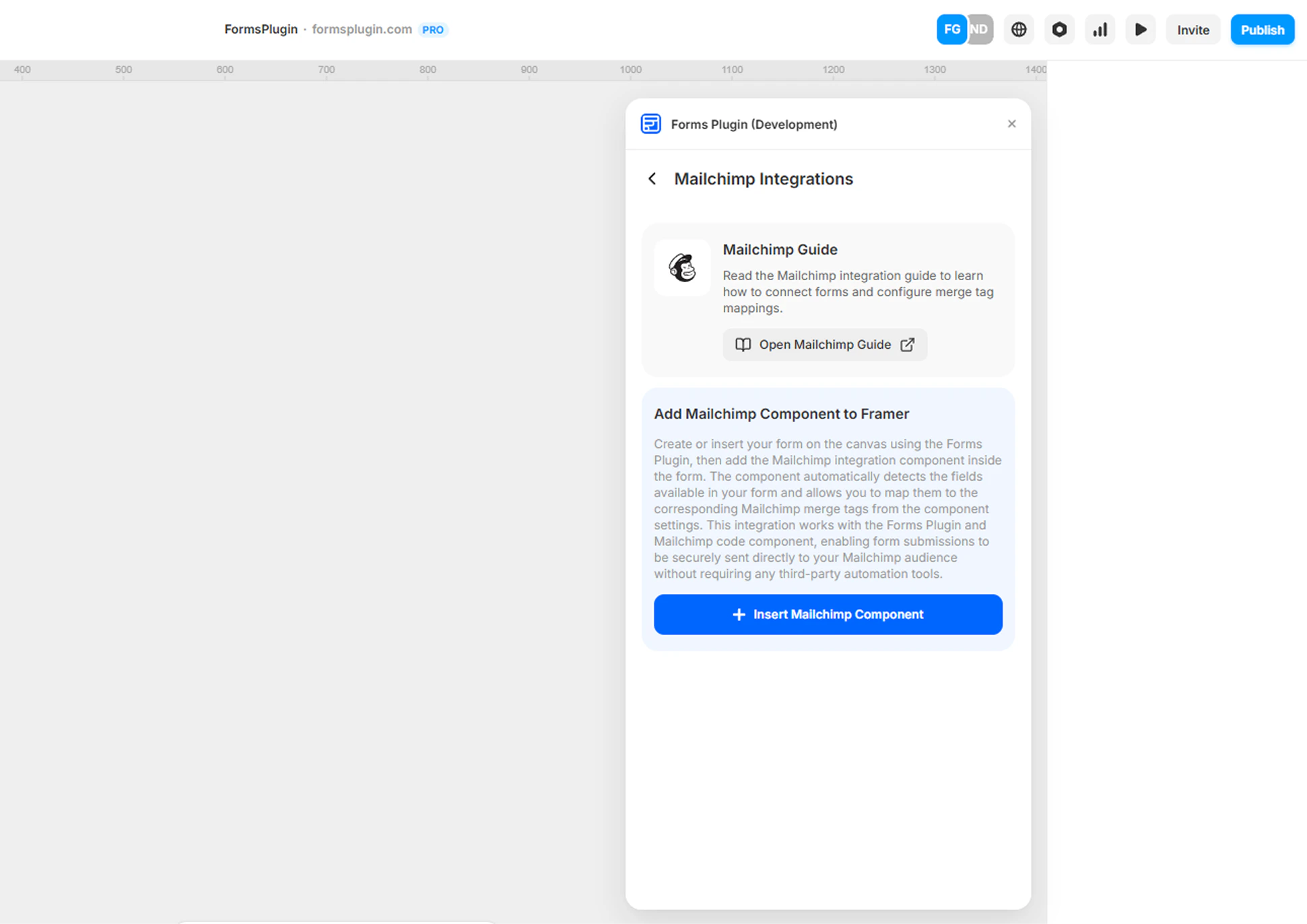 Forms Plugin panel in Framer showing the Mailchimp Integrations screen with the Insert Mailchimp Component button