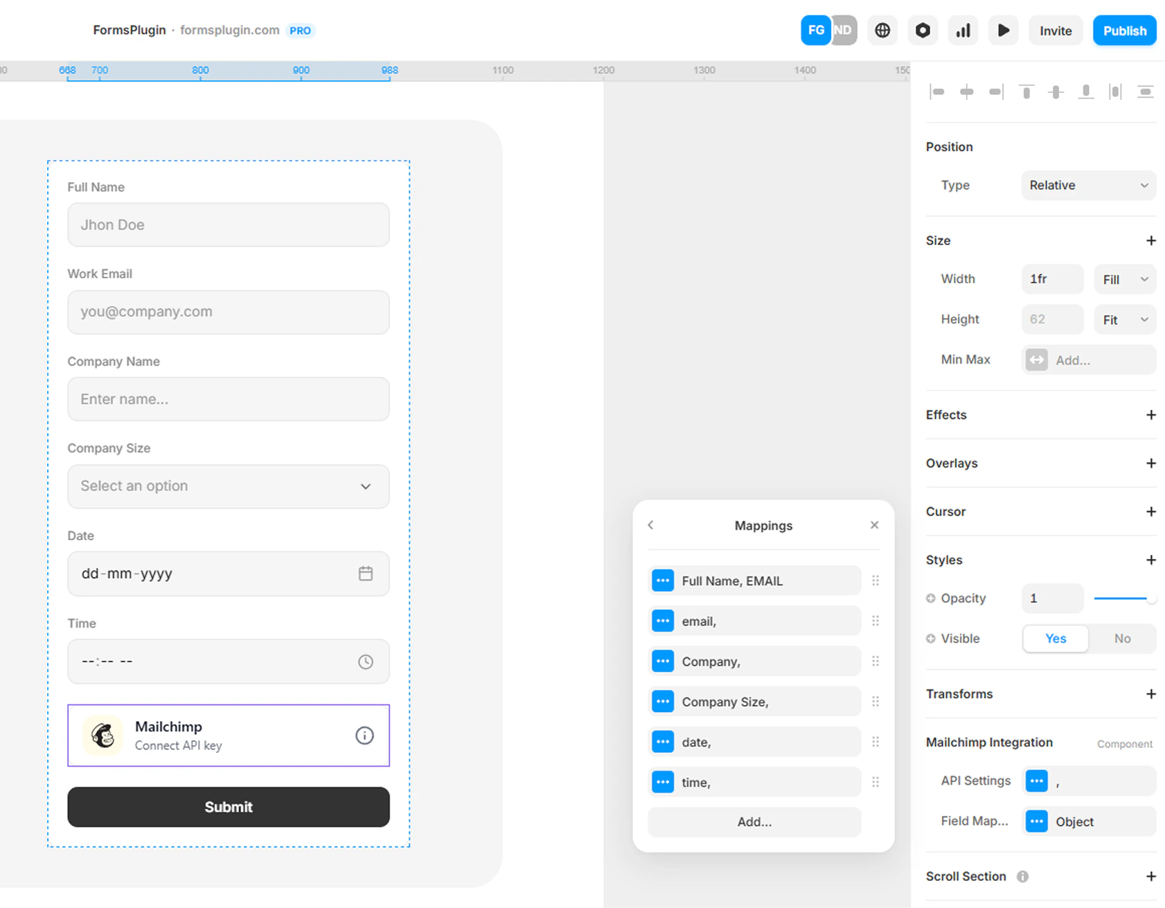 Framer canvas showing the Mappings modal with form fields mapped to Mailchimp attributes