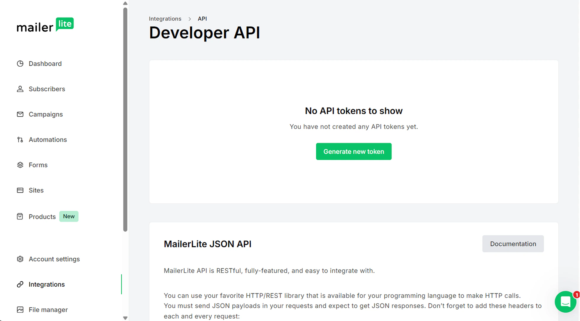 MailerLite account showing the API settings page