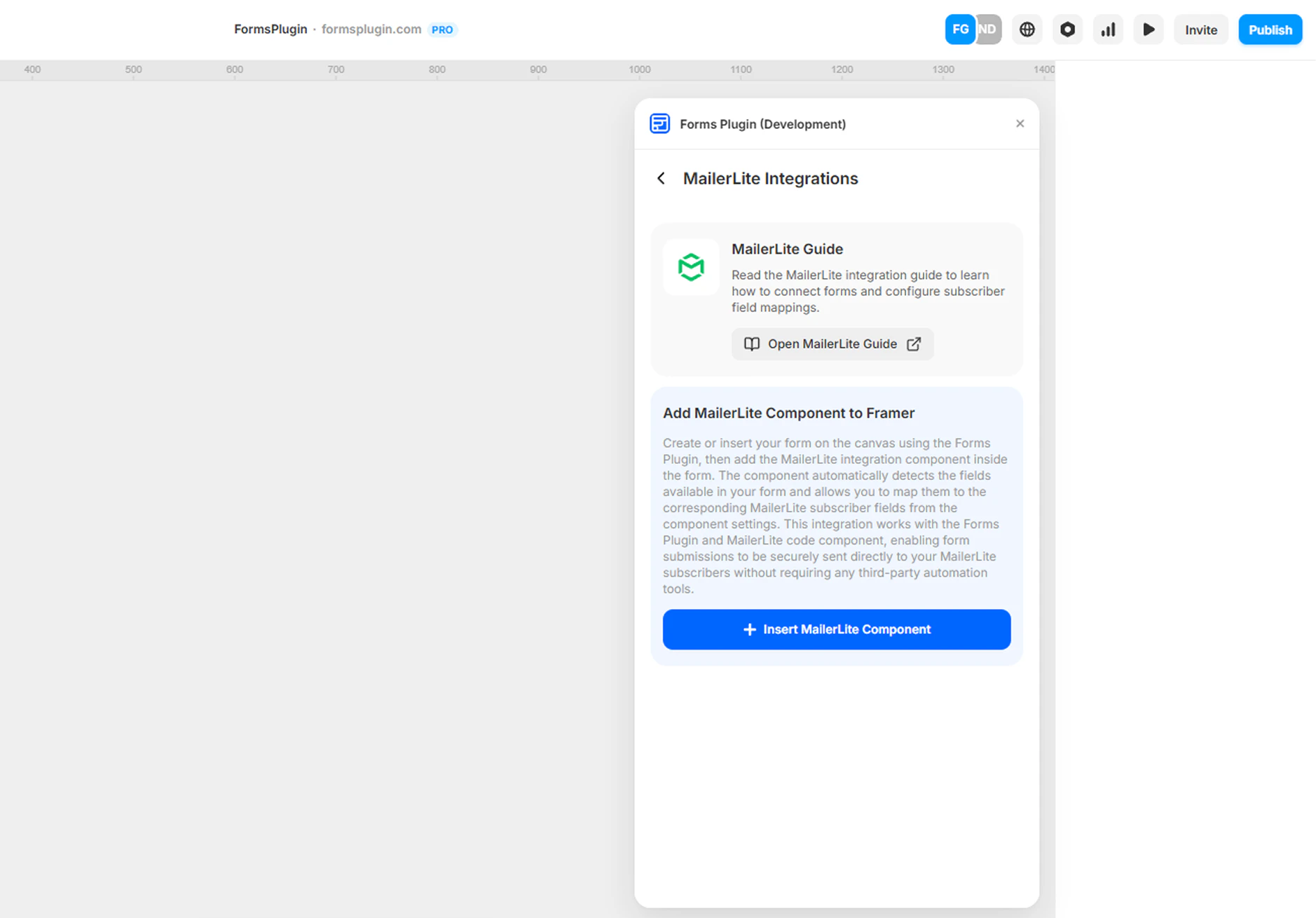 Forms Plugin panel in Framer showing the MailerLite Integrations screen with the Insert MailerLite Component button