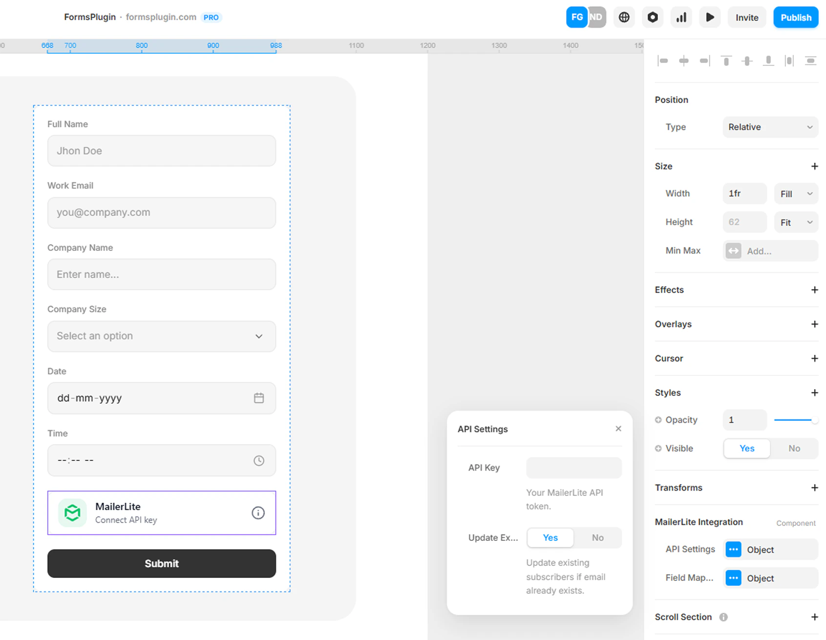 Framer canvas with MailerLite component selected showing the API Settings modal