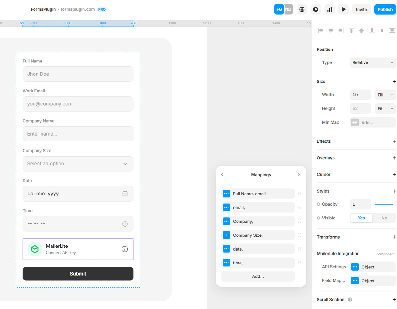 Framer canvas showing the Mappings modal with form fields mapped to MailerLite attributes