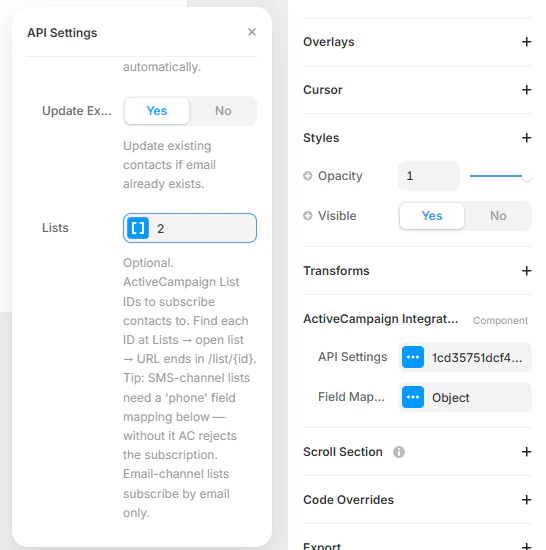 ActiveCampaign API Settings modal showing the Lists field with list IDs entered