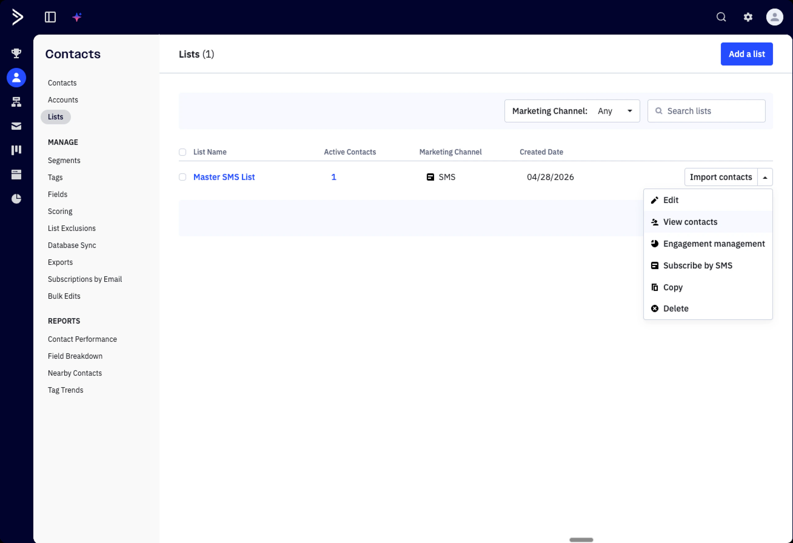 ActiveCampaign Contacts Lists page showing Master SMS List with Marketing Channel SMS and the list options dropdown