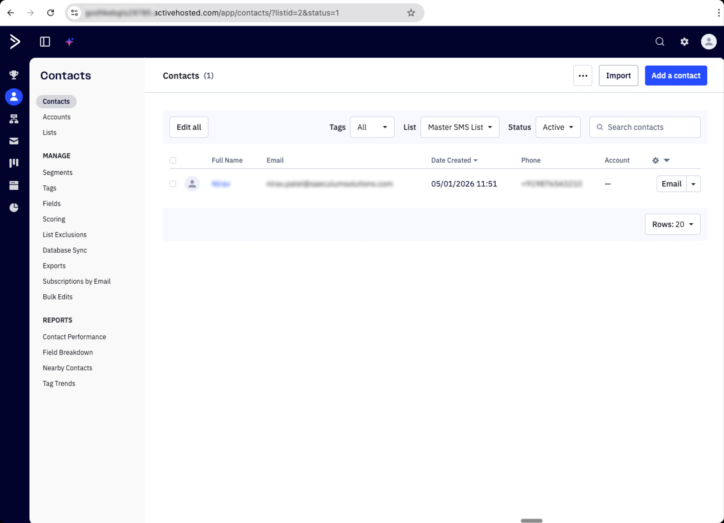 ActiveCampaign URL bar showing listid=2 query parameter, indicating the list ID for the Master SMS List