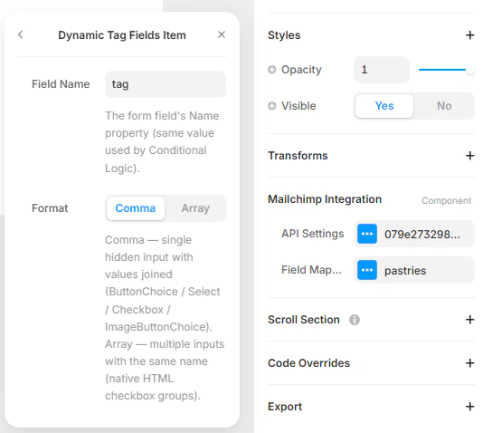 Dynamic Tag Fields Item modal in the Forms Plugin showing Field Name input and Comma vs Array format toggle