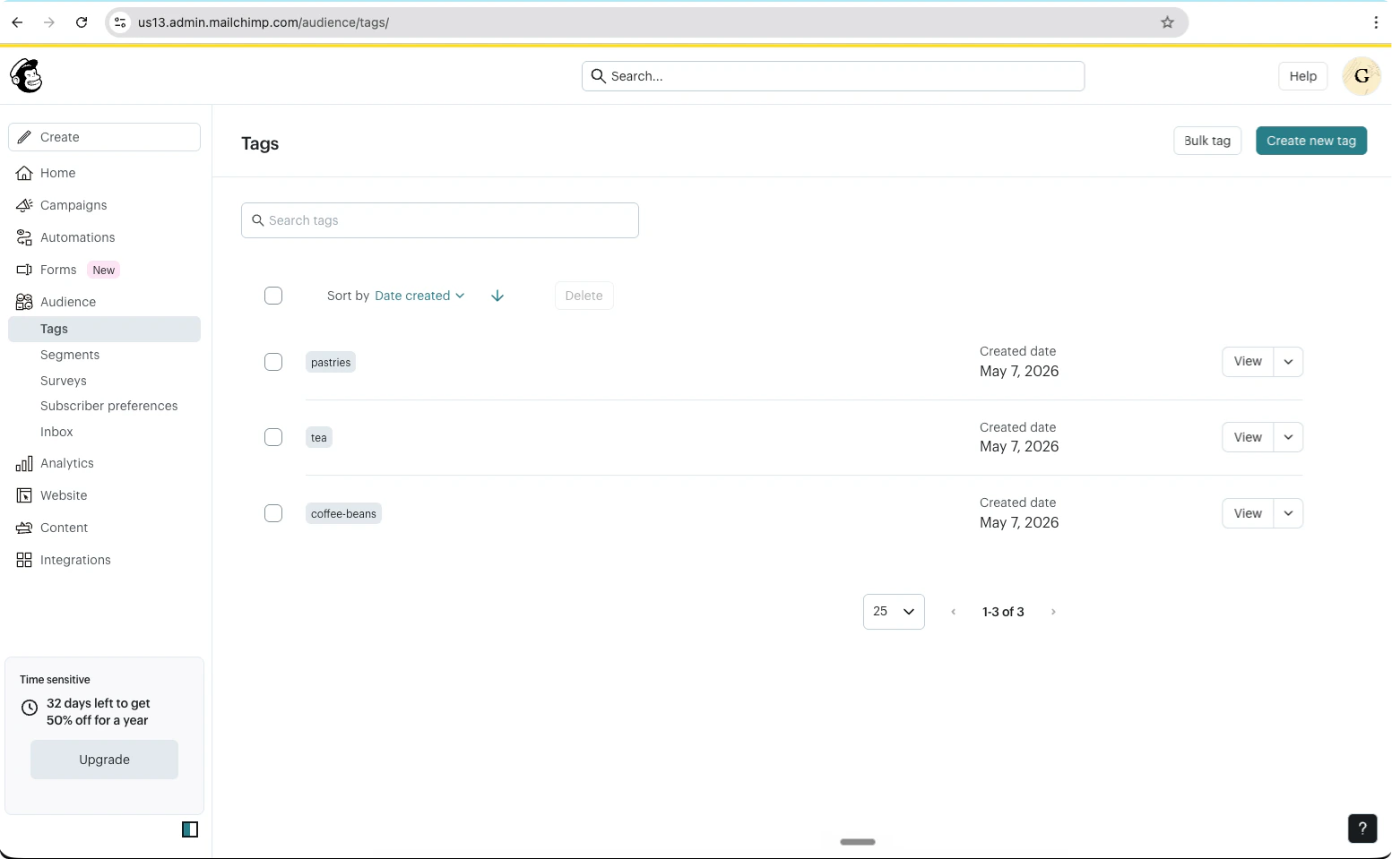Mailchimp Audience Tags page listing tags pastries, tea, and coffee-beans created from form submissions