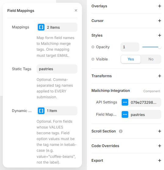 Forms Plugin Field Mappings panel showing Mappings, Static Tags filled with pastries, and Dynamic Tags with 1 item