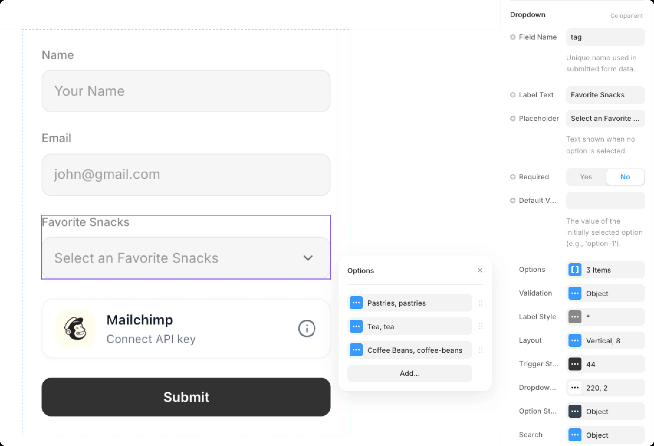 Framer canvas showing a Dropdown component with Field Name set to tag and Options panel listing label/value pairs Pastries/pastries, Tea/tea, Coffee Beans/coffee-beans