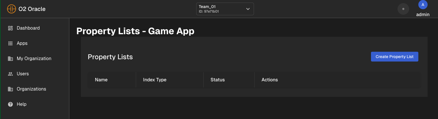 create property list in O2 dashboard