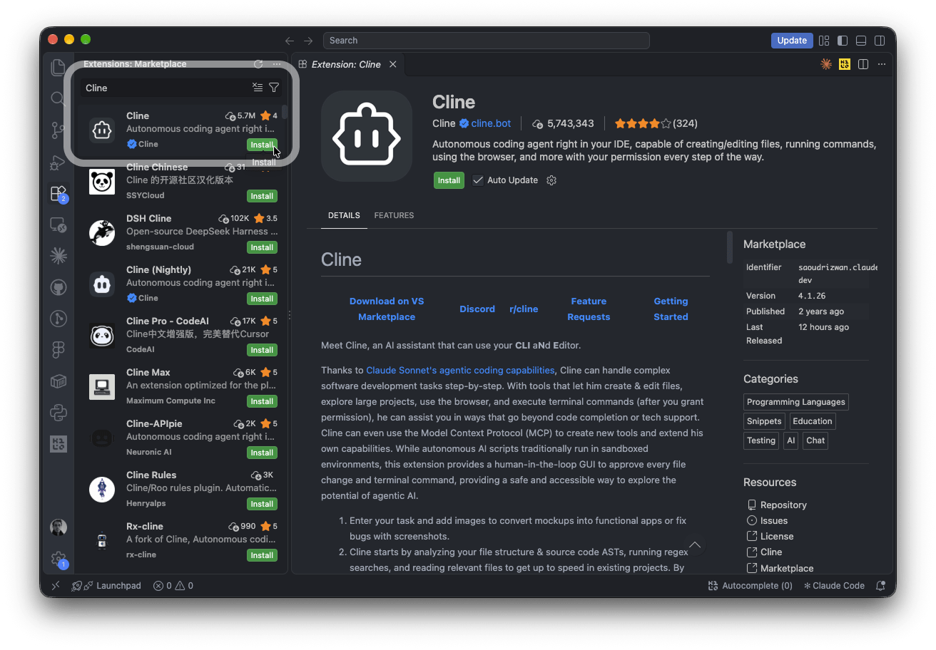 VS Code Extensions view: Cline by the verified publisher Cline, Install button