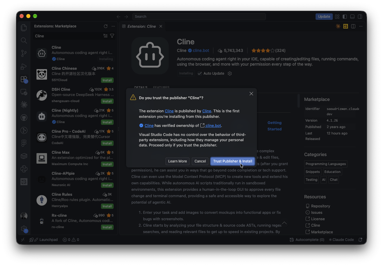 VS Code: Trust Publisher & Install dialog for Cline