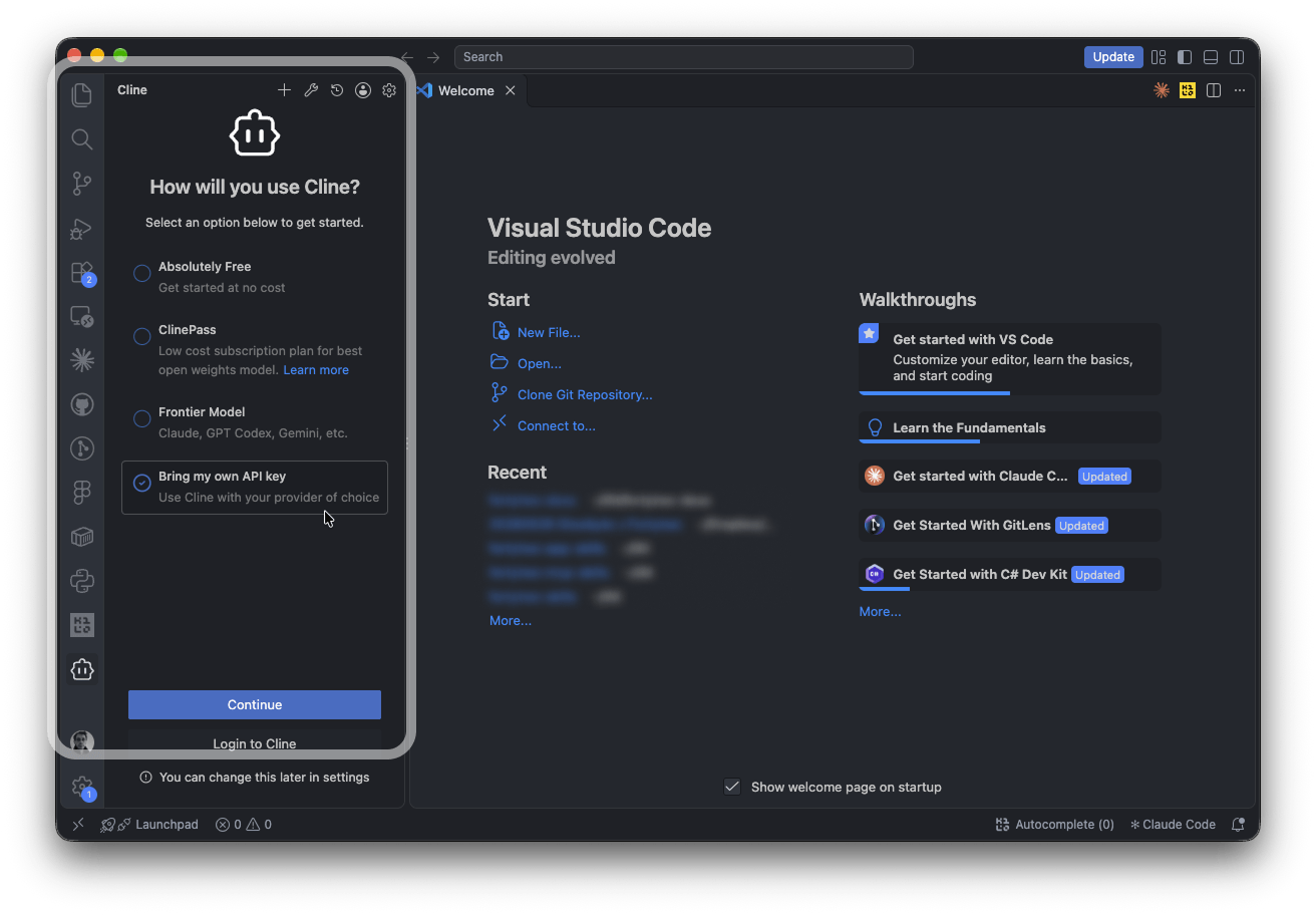 Cline: How will you use Cline? with Bring my own API key selected