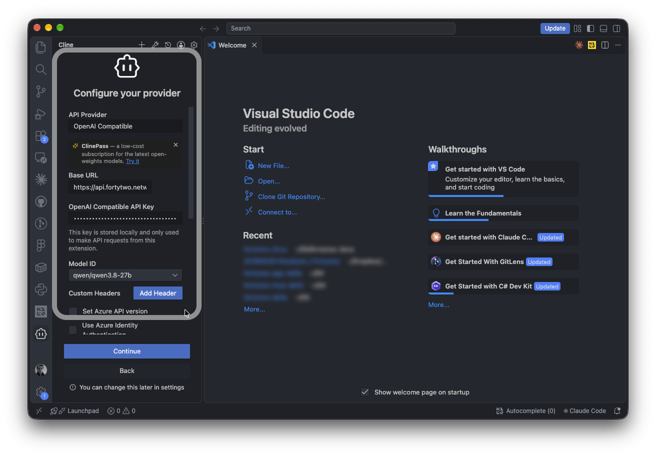 Cline: Configure your provider with OpenAI Compatible, the Fortytwo base URL, API key and Model ID qwen/qwen3.8-27b