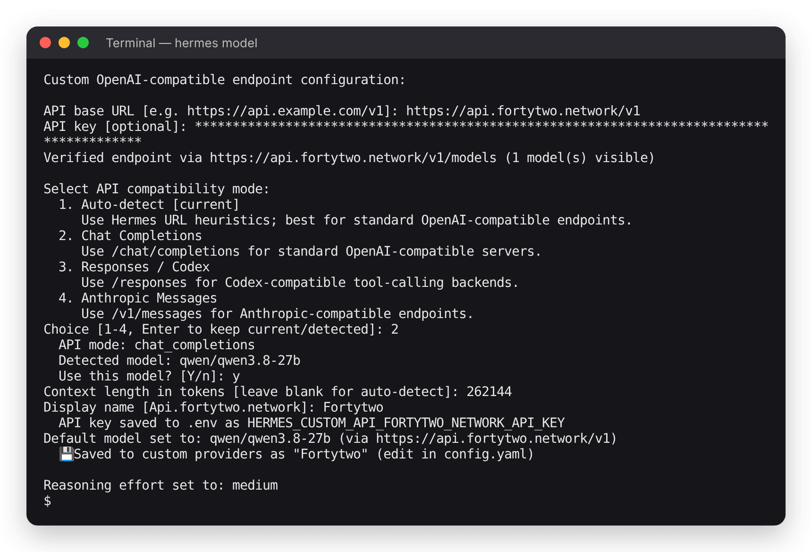 Hermes Agent: Fortytwo endpoint configured